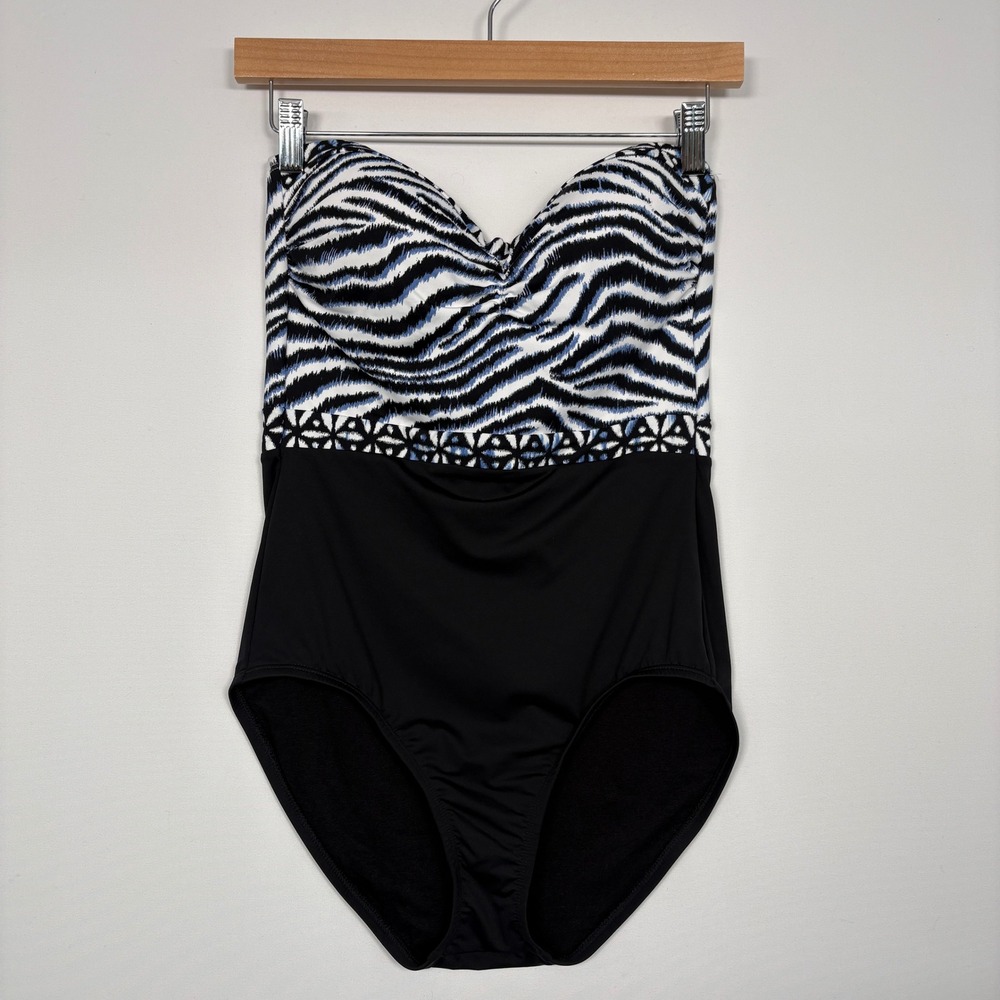 Tommy Bahama Women Swimsuit 8 Black Zanzibar Zebra Bandeau Tummy Control SS30036